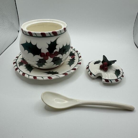 Condiment Jar / Lefton / Holly Condiment Jar with Spoon / Christmas / Vintage - Picture 2 of 6